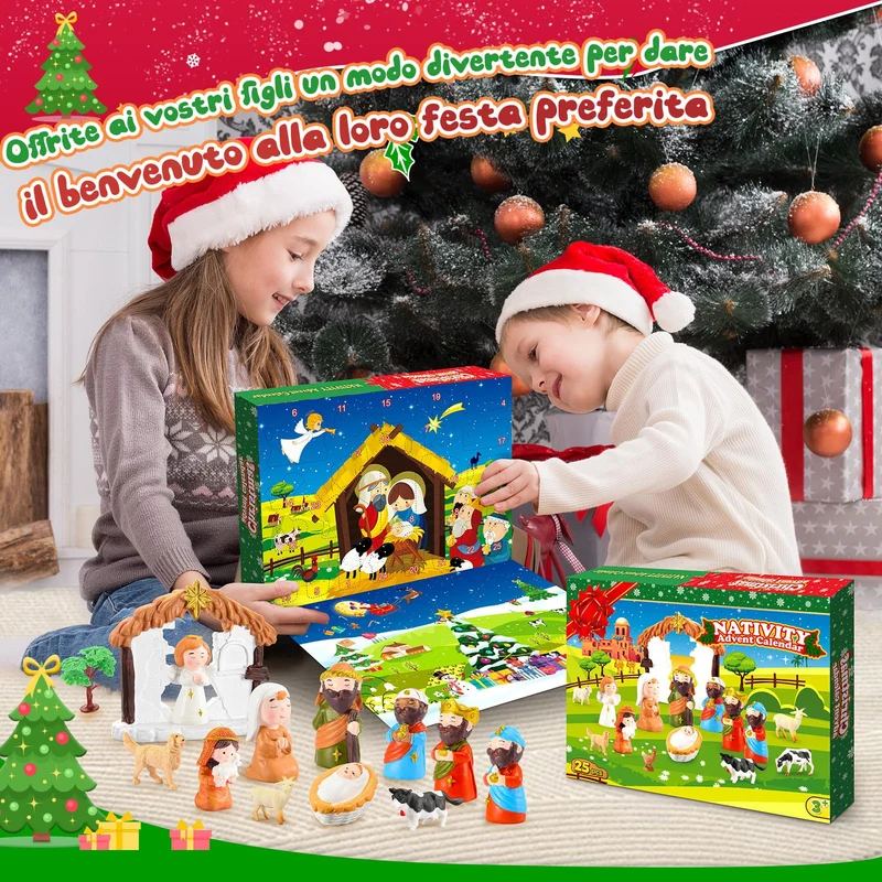 Geebiiny Calendario Avvento 2024, Presepe Bambini Calendario Avvento per Bambini Calendario di Avvento Presepe Accessori Calendario dell Avvento Regalo di Natale Calendario Avvento Bambino Bambina