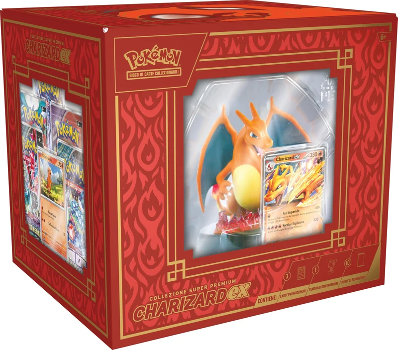 GCC Pokémon: collezione super premium Charizard-ex (tre carte promozionali olografiche, una statuina con espositore da una carta e 10 buste di espansione)