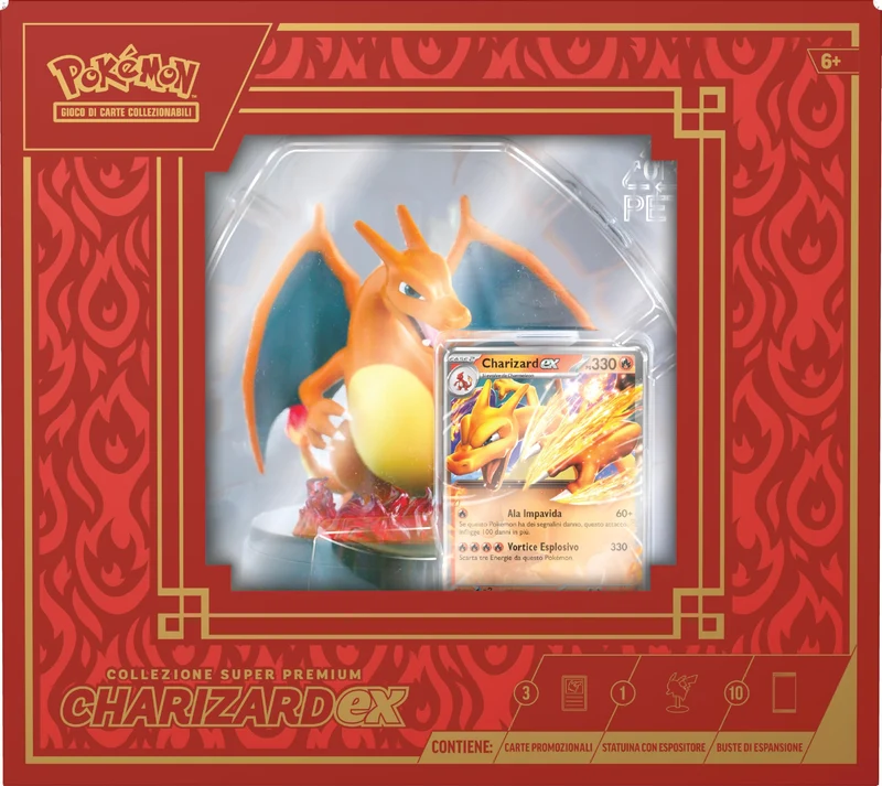 GCC Pokémon: collezione super premium Charizard-ex (tre carte promozionali olografiche, una statuina con espositore da una carta e 10 buste di espansione)