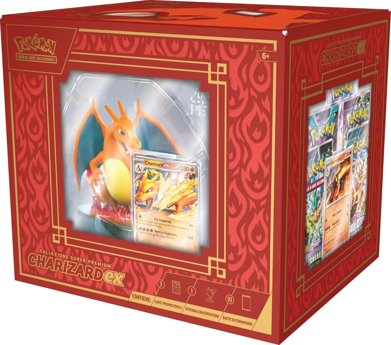 GCC Pokémon: collezione super premium Charizard-ex (tre carte promozionali olografiche, una statuina con espositore da una carta e 10 buste di espansione)