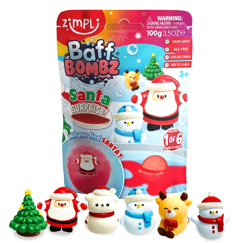Zimpli Bomba da bagno grande per bambini con sorpresa di Babbo Natale, 6 giocattoli a sorpresa a tema natalizio da collezionare in totale, una per bomba da bagno, regalo di Natale per bambini