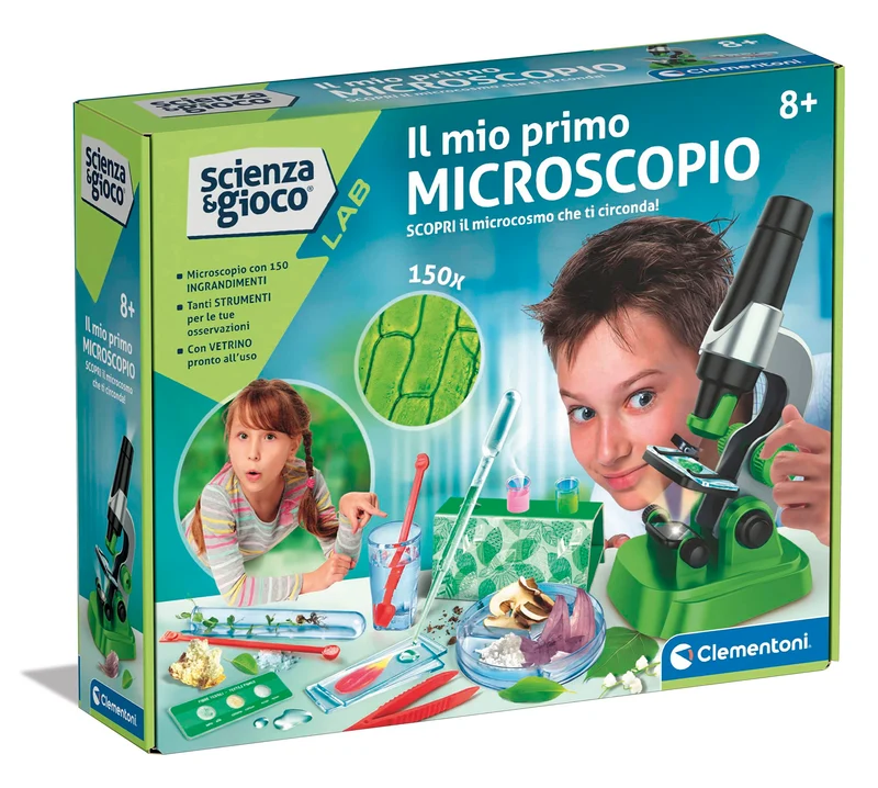 Clementoni - 19347 - Scienza E Gioco Lab - Il Mio Primo Microscopio - Laboratorio Microscopio Ottico 150X, Esperimenti Scientifici per Bambini dagli 8 Anni (Gioco in Italiano), Made in Italy