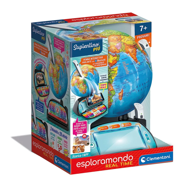 Clementoni Sapientino Più - Esploramondo Real Time, Mappamondo Bambini 7+ Anni, Globo Educativo, Penna Bluetooth e App per Foto e Video in Diretta, 28 Attività, Made in Italy, Lingua Italiana, 16446