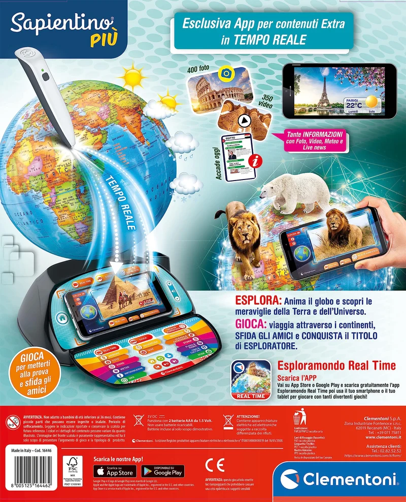 Clementoni Sapientino Più - Esploramondo Real Time, Mappamondo Bambini 7+ Anni, Globo Educativo, Penna Bluetooth e App per Foto e Video in Diretta, 28 Attività, Made in Italy, Lingua Italiana, 16446