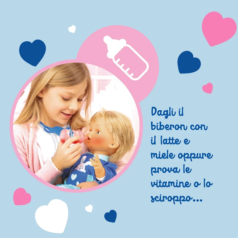 Cicciobello Bua, Bambola Interattiva con Accessori, Giochi Bambini 2 anni, Cicciobello con Accessori per la Cura Come Termometro e Stetoscopio, Usa il Ciuccio per Farlo Smettere di Piangere!