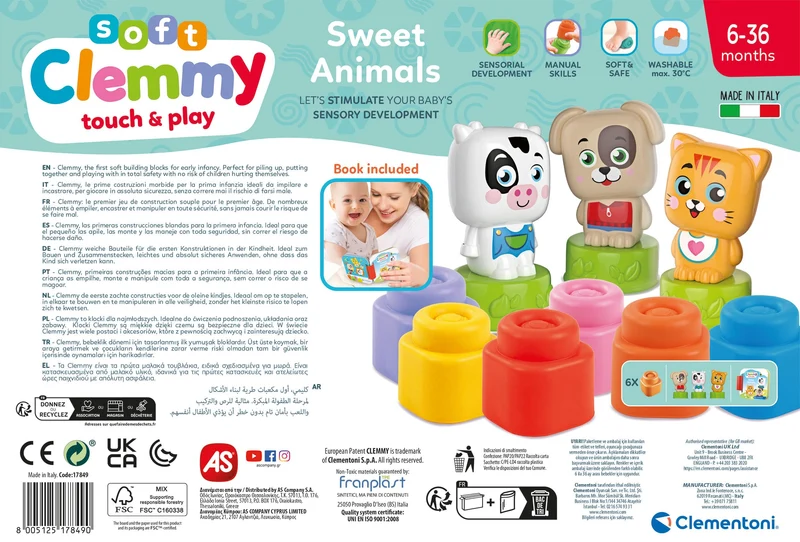 Clementoni Soft Clemmy - Sweet Animals, Play Set Bambini 6-36 Mesi, con 6 Mattoncini per Costruzioni e 3 Personaggi, Gioco Prima Infanzia Made in Italy, per Stimolare i Sensi dei più Piccoli, 17849