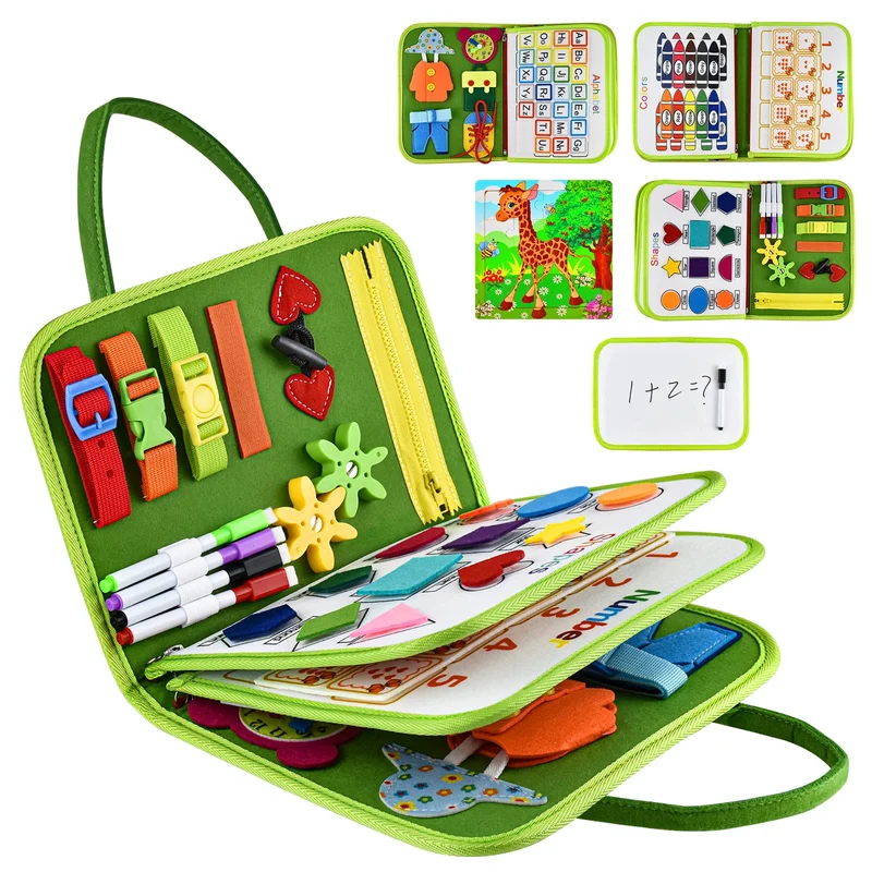 Busy Board Giochi 1 2 3 4 5 Anni Pannello Sensoriale Bambini Montessori+ Puzzle di Legno Tavola Libri Valigetta Montessoriana Gioco Educativi Intrattenimento Bambini Ristorante Viaggio Stoffa