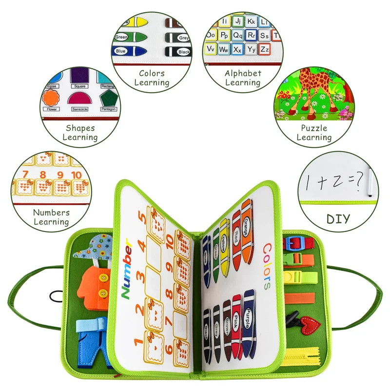 Busy Board Giochi 1 2 3 4 5 Anni Pannello Sensoriale Bambini Montessori+ Puzzle di Legno Tavola Libri Valigetta Montessoriana Gioco Educativi Intrattenimento Bambini Ristorante Viaggio Stoffa