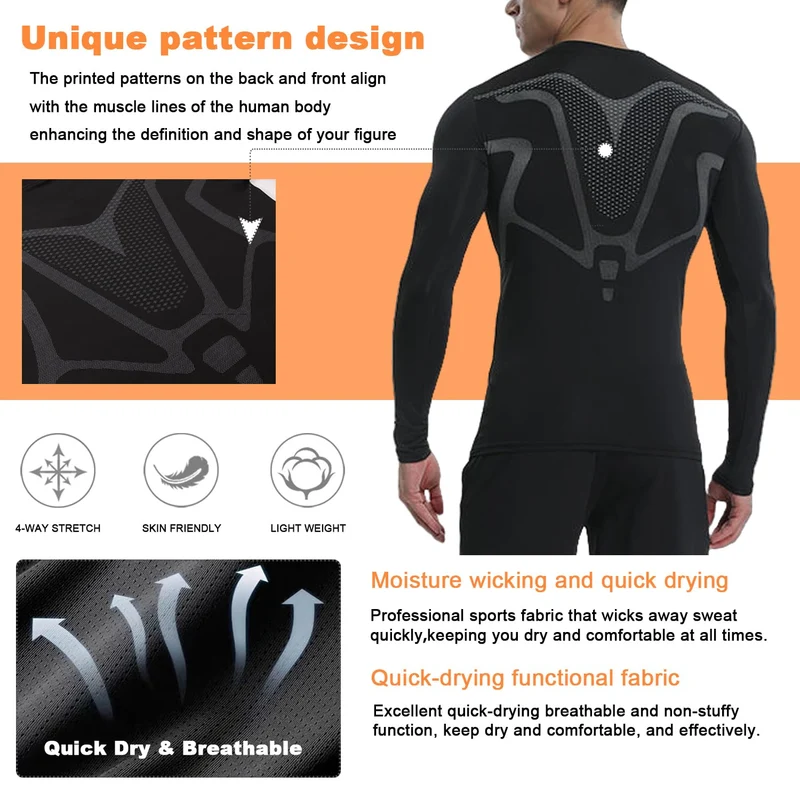 Smatstyle Maglietta Compressione Uomo Traspirante da Asciugatura Rapida Maglia Termica Manica Lunga per Allenamento Palestra Corsa (IT, Testo, L, Regular, Regular, Nero)