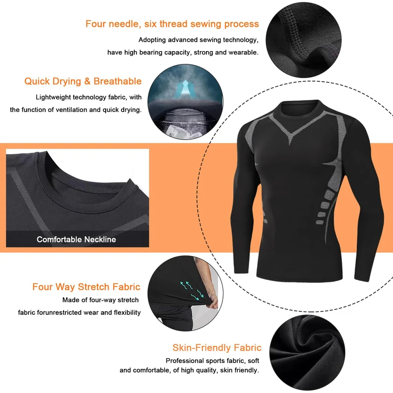 Smatstyle Maglietta Compressione Uomo Traspirante da Asciugatura Rapida Maglia Termica Manica Lunga per Allenamento Palestra Corsa (IT, Testo, L, Regular, Regular, Nero)