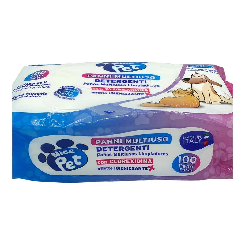 Nice Pet Salviette IGIENIZZANTI Cani, Gatti con CLOREXIDINA - 100 Salviette - Proteggono Il PH Naturale - Profum al Muschio - Salvette Ideali per l'igiene Manto di Cani e Gatti | Salviette Cane