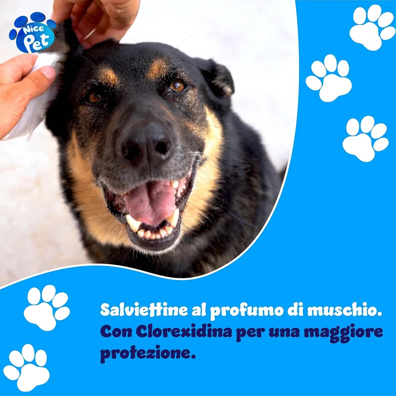 Nice Pet Salviette IGIENIZZANTI Cani, Gatti con CLOREXIDINA - 100 Salviette - Proteggono Il PH Naturale - Profum al Muschio - Salvette Ideali per l'igiene Manto di Cani e Gatti | Salviette Cane