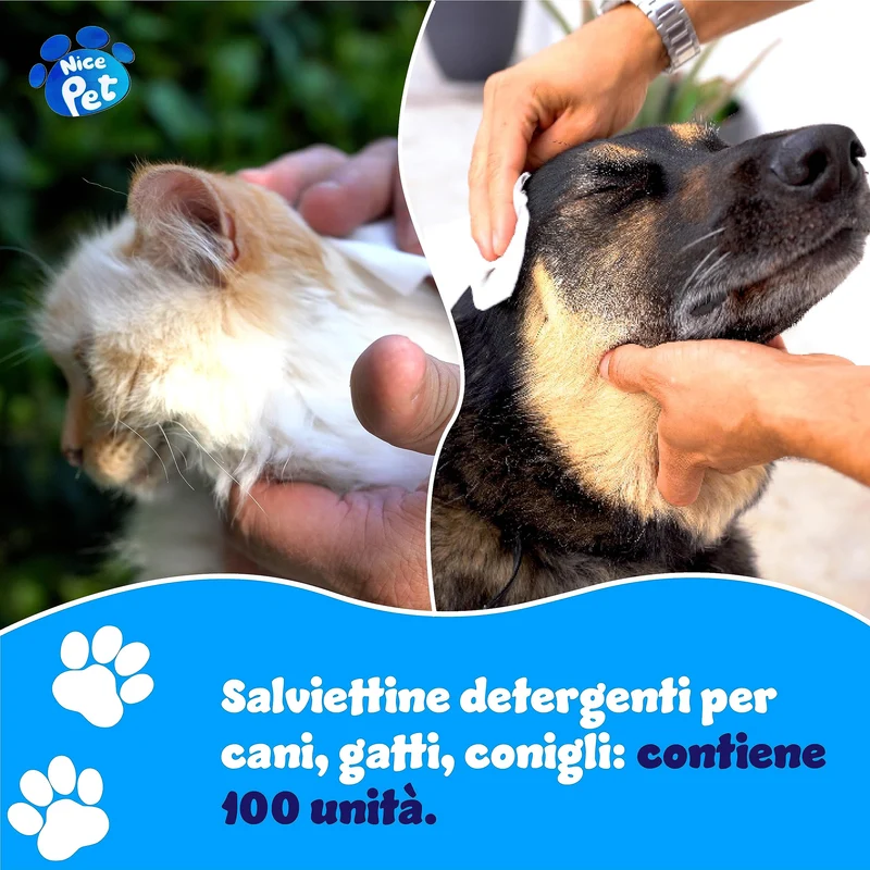 Nice Pet Salviette IGIENIZZANTI Cani, Gatti con CLOREXIDINA - 100 Salviette - Proteggono Il PH Naturale - Profum al Muschio - Salvette Ideali per l'igiene Manto di Cani e Gatti | Salviette Cane