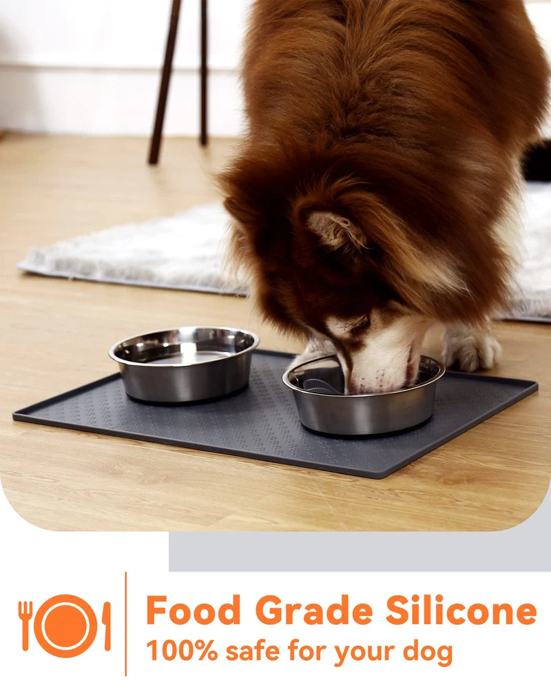 PETTOM Tappetino Sottociotola in Silicone per Cani Gatti, 60x40cm Tappetini Antiscivolo per Ciotola di Cibo per Animali Domestici Cane, Impermeabile Bordo Rialzat per Ciotole Proteggere Il Pavimento