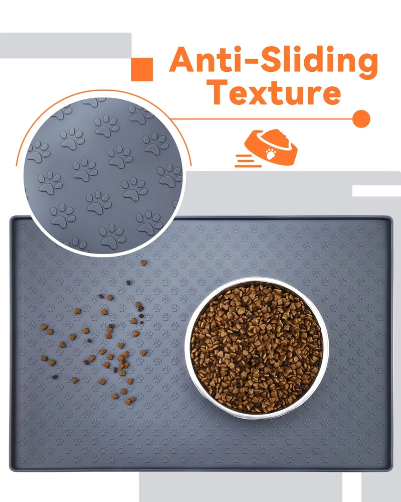 PETTOM Tappetino Sottociotola in Silicone per Cani Gatti, 60x40cm Tappetini Antiscivolo per Ciotola di Cibo per Animali Domestici Cane, Impermeabile Bordo Rialzat per Ciotole Proteggere Il Pavimento