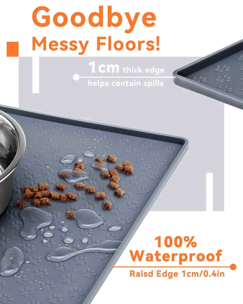 PETTOM Tappetino Sottociotola in Silicone per Cani Gatti, 60x40cm Tappetini Antiscivolo per Ciotola di Cibo per Animali Domestici Cane, Impermeabile Bordo Rialzat per Ciotole Proteggere Il Pavimento