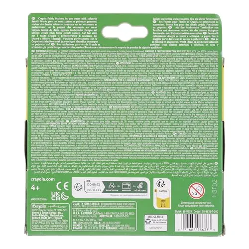 Crayola – Pennarelli per tessuti, 10 pezzi, rosso, rosa, arancione, giallo, violetto, verde chiaro, blu, azzurro, grigio, nero, Per decorare magliette e oggetti in tessuto, 58-8633