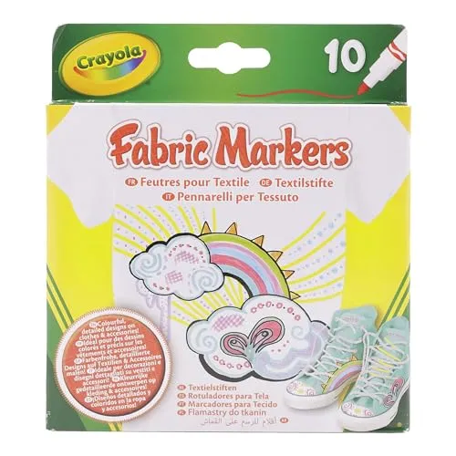 Crayola – Pennarelli per tessuti, 10 pezzi, rosso, rosa, arancione, giallo, violetto, verde chiaro, blu, azzurro, grigio, nero, Per decorare magliette e oggetti in tessuto, 58-8633