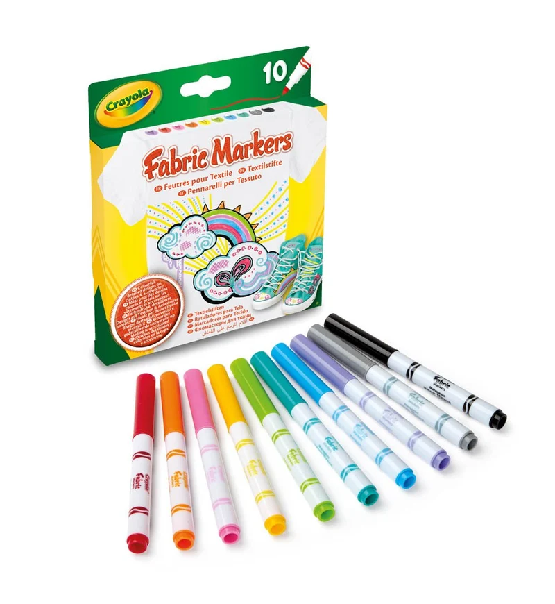 Crayola – Pennarelli per tessuti, 10 pezzi, rosso, rosa, arancione, giallo, violetto, verde chiaro, blu, azzurro, grigio, nero, Per decorare magliette e oggetti in tessuto, 58-8633
