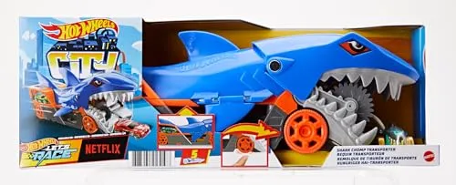 Hot Wheels -PlaySet Trasportatore Squalo Divoratore con Macchinina, Giocattolo per Bambini 4+ Anni, GVG36