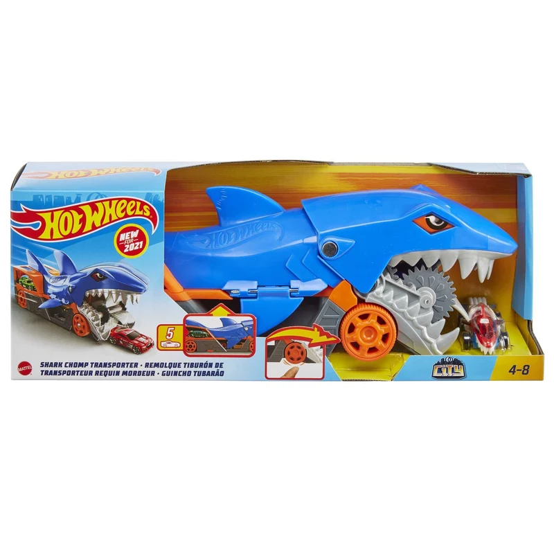 Hot Wheels -PlaySet Trasportatore Squalo Divoratore con Macchinina, Giocattolo per Bambini 4+ Anni, GVG36