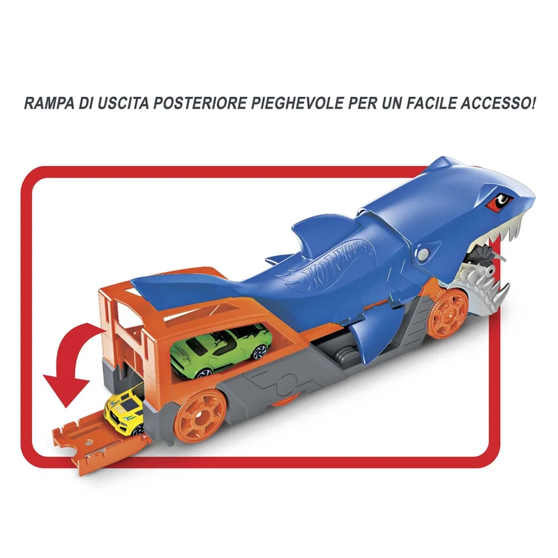 Hot Wheels -PlaySet Trasportatore Squalo Divoratore con Macchinina, Giocattolo per Bambini 4+ Anni, GVG36