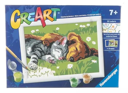 Ravensburger - CreArt Serie E, Cane e Gatto Dolce Sonno, Dipingere con i Numeri, Kit Pittura Bambini, Tema Animali, Cornice Inclusa, Gioco Educativo, Idea Regalo Bambini 7+ Anni, 22x16cm