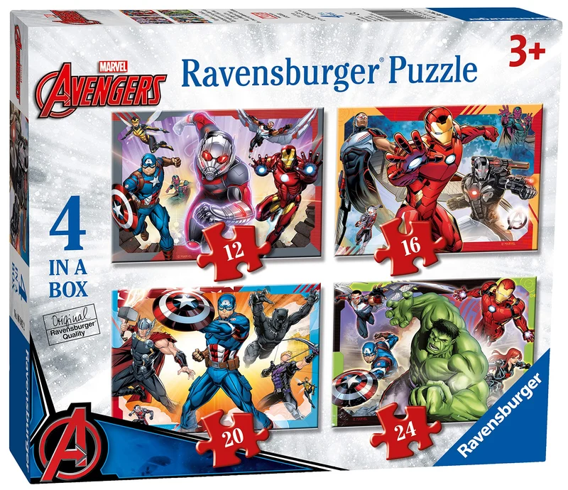 Ravensburger - Puzzle Avengers A, Collezione 4 in a Box, Idea Regalo per Bambini 3+ Anni, Gioco Educativo e Stimolante, 4 Puzzle 12-16-20-24 Pezzi