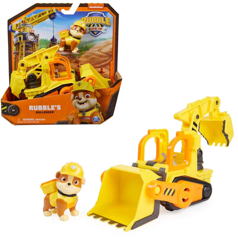 Rubble & Crew, Veicolo da lavoro di Rubble, Bulldozer giocattolo con parti mobili e personaggio da collezione, giocattoli per bambini dai 3 anni in su