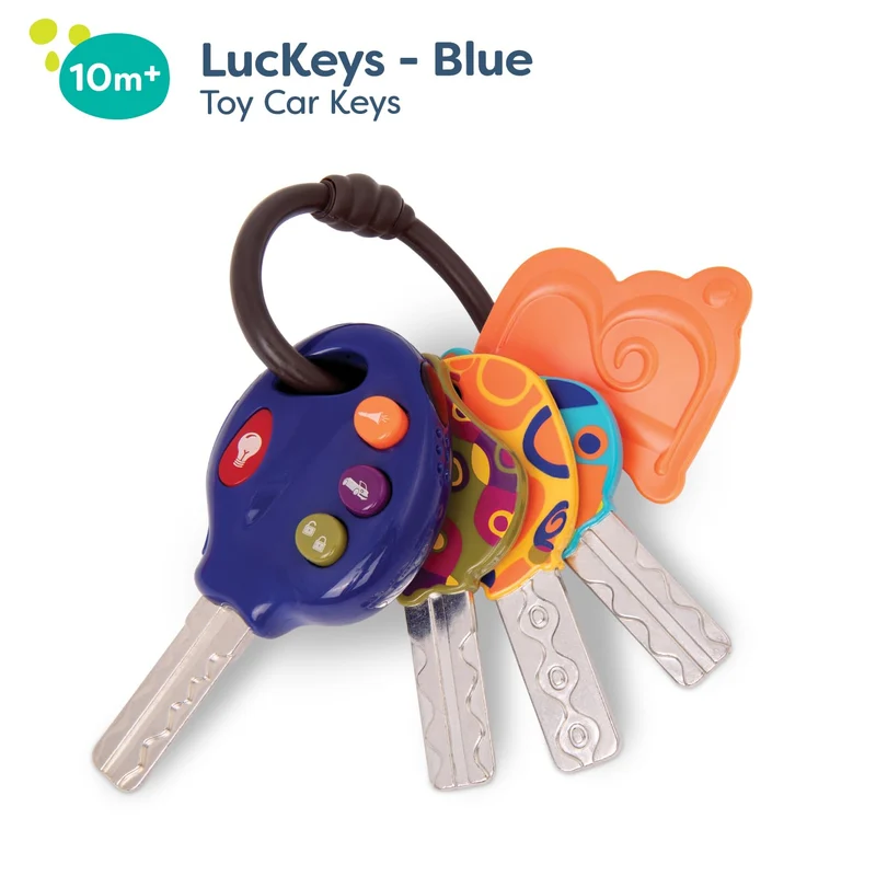 B. LucKeys - 4 Chiavi Auto Giocattolo strutturate per Neonati e Bambini - Blu - Torcia elettrica e 3 Suoni Auto - Non tossico - Giocattoli interattivi per dentizione - 10 Mesi +