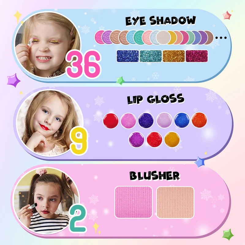 Tomons Trucchi bambina, lavabile, veri, completi, trucchi per bambina con strass autoadesivi, giochi per bambina 3 4 5 6 7 8 9-12 anni, viola
