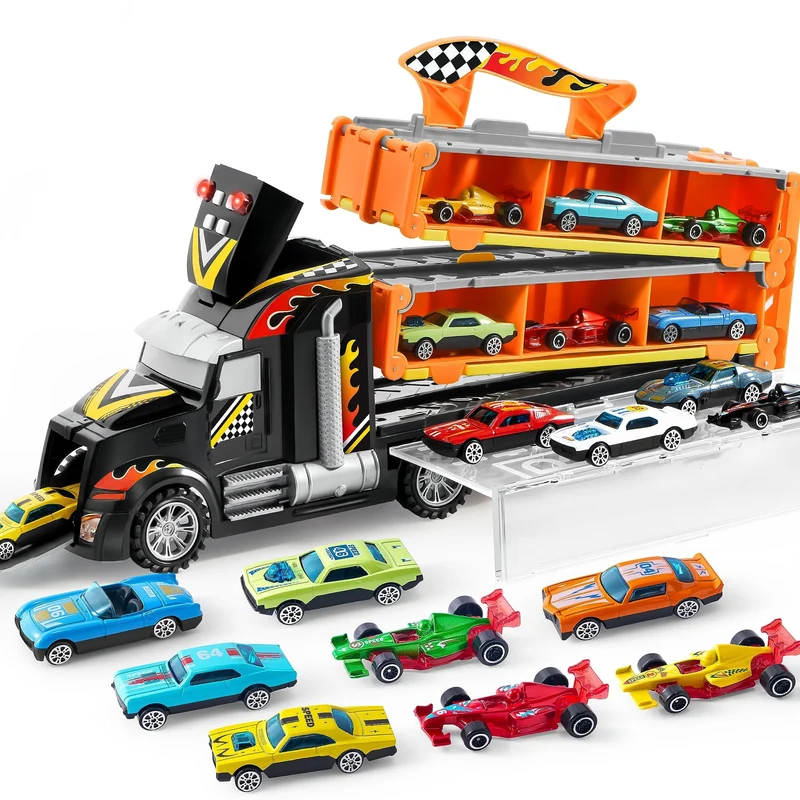 JOYIN Camion Trasportatore Macchinine Giocattolo per Bambini, 12 Veicoli Giocattolo in Metallo Pressofuso, Giocattolo da Corsa su Strada Pieghevole con luci e Suoni, Regalo per 3 Anni in su