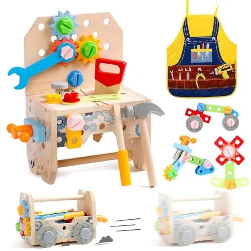 Cassetta Attrezzi Bambini Giochi in Legno Giochi Bambini 2 Anni, Banco da Lavoro, Costruzioni per Bambini Giochi Interattivi Educativi Regalo Bimbo 2 3 4 Anni Attrezzi Giocattolo Bambini (52 Pezzi)