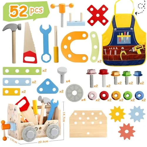 Cassetta Attrezzi Bambini Giochi in Legno Giochi Bambini 2 Anni, Banco da Lavoro, Costruzioni per Bambini Giochi Interattivi Educativi Regalo Bimbo 2 3 4 Anni Attrezzi Giocattolo Bambini (52 Pezzi)
