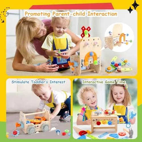 Cassetta Attrezzi Bambini Giochi in Legno Giochi Bambini 2 Anni, Banco da Lavoro, Costruzioni per Bambini Giochi Interattivi Educativi Regalo Bimbo 2 3 4 Anni Attrezzi Giocattolo Bambini (52 Pezzi)