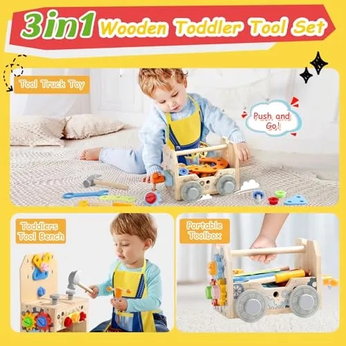 Cassetta Attrezzi Bambini Giochi in Legno Giochi Bambini 2 Anni, Banco da Lavoro, Costruzioni per Bambini Giochi Interattivi Educativi Regalo Bimbo 2 3 4 Anni Attrezzi Giocattolo Bambini (52 Pezzi)