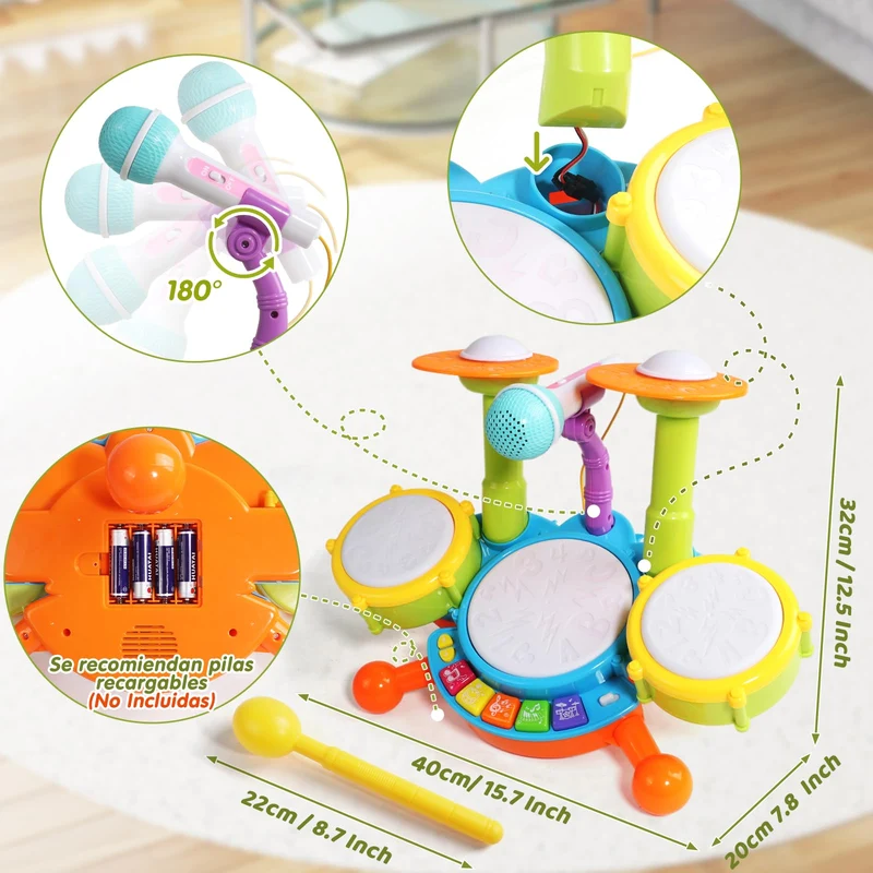 Tamburo Giochi Bambini 1 Anno - Strumenti Musicali Giocattoli Bambino 1 2 Anno Batteria Bambini Elettronico con Filastrocche Neonati Idea Natale Regalo Gioco Bambino Bimba 1 2 Anno Anni