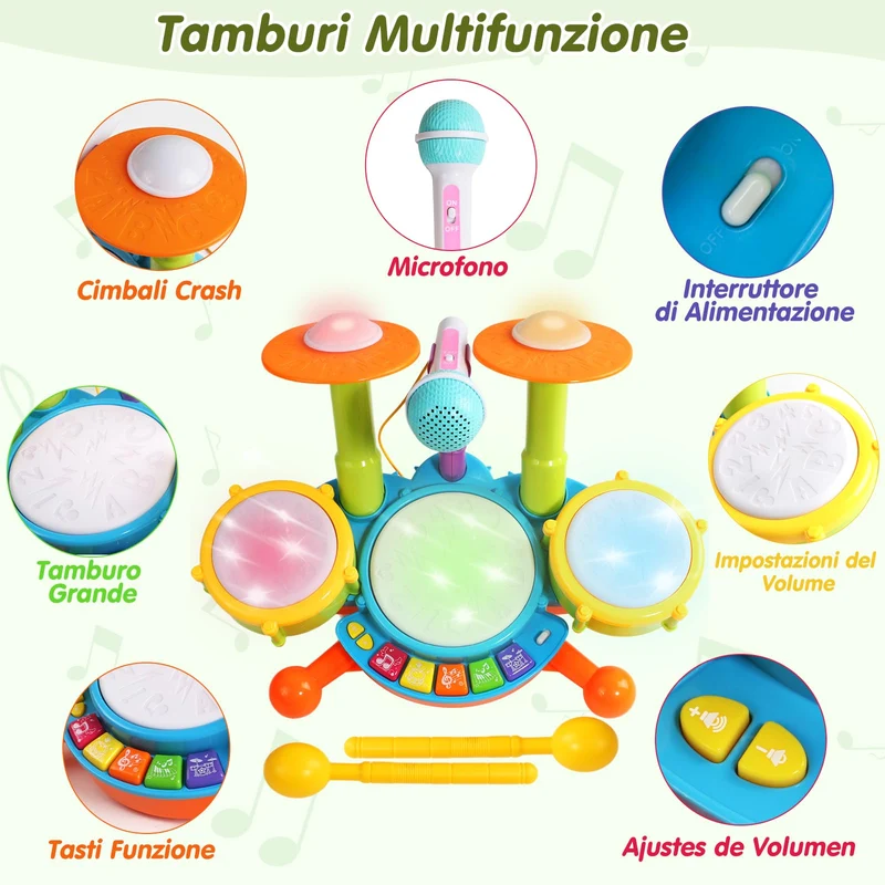 Tamburo Giochi Bambini 1 Anno - Strumenti Musicali Giocattoli Bambino 1 2 Anno Batteria Bambini Elettronico con Filastrocche Neonati Idea Natale Regalo Gioco Bambino Bimba 1 2 Anno Anni
