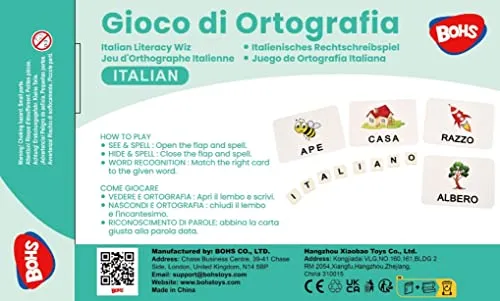 BOHS Juego de Ortografía en Italiano - Ve y Oculta la Ortografía - 60 Tarjetas Flash - Juguetes Educativos para el Aprendizaje de Idiomas en Preescolar