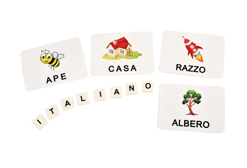 BOHS Juego de Ortografía en Italiano - Ve y Oculta la Ortografía - 60 Tarjetas Flash - Juguetes Educativos para el Aprendizaje de Idiomas en Preescolar