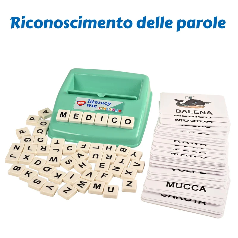 BOHS Juego de Ortografía en Italiano - Ve y Oculta la Ortografía - 60 Tarjetas Flash - Juguetes Educativos para el Aprendizaje de Idiomas en Preescolar