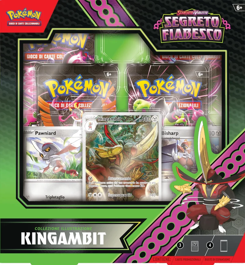 Collezione illustrazione Kingambit dell’espansione Scarlatto e Violetto - Segreto Fiabesco del GCC Pokémon (1 carta promozionale olografica, 2 carte olografiche e 4 buste di espansione), italiano