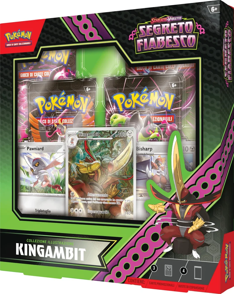 Collezione illustrazione Kingambit dell’espansione Scarlatto e Violetto - Segreto Fiabesco del GCC Pokémon (1 carta promozionale olografica, 2 carte olografiche e 4 buste di espansione), italiano