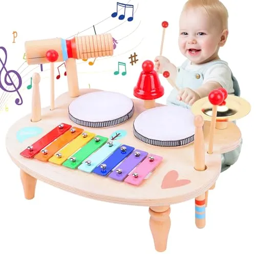 LZDMY Strumenti Musicali Bambini Tamburo Bambino 1 2 3 4 5 Anni Batteria Bambini, 10 in 1 Xilofono Giocattolo Musicale Legno, Giochi Montessori Bambini, Regalo Bambina per Compleanno,Natale,Pasqua