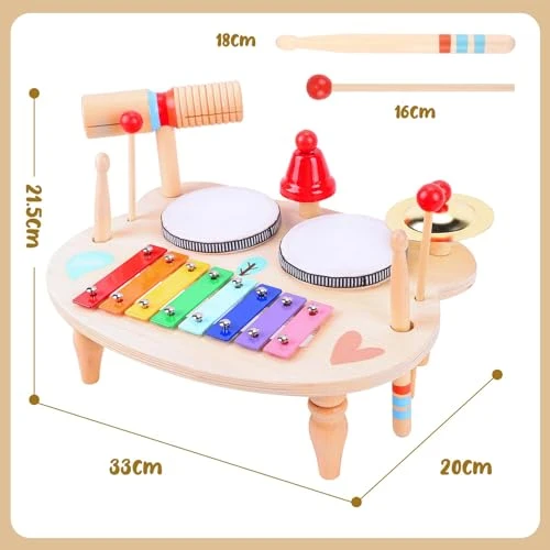 LZDMY Strumenti Musicali Bambini Tamburo Bambino 1 2 3 4 5 Anni Batteria Bambini, 10 in 1 Xilofono Giocattolo Musicale Legno, Giochi Montessori Bambini, Regalo Bambina per Compleanno,Natale,Pasqua