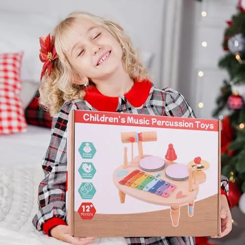 LZDMY Strumenti Musicali Bambini Tamburo Bambino 1 2 3 4 5 Anni Batteria Bambini, 10 in 1 Xilofono Giocattolo Musicale Legno, Giochi Montessori Bambini, Regalo Bambina per Compleanno,Natale,Pasqua