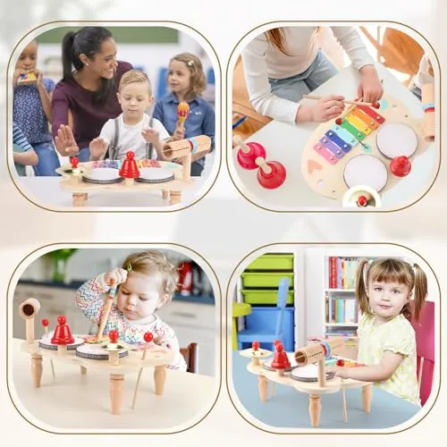 LZDMY Strumenti Musicali Bambini Tamburo Bambino 1 2 3 4 5 Anni Batteria Bambini, 10 in 1 Xilofono Giocattolo Musicale Legno, Giochi Montessori Bambini, Regalo Bambina per Compleanno,Natale,Pasqua