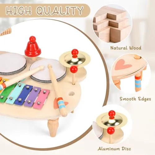 LZDMY Strumenti Musicali Bambini Tamburo Bambino 1 2 3 4 5 Anni Batteria Bambini, 10 in 1 Xilofono Giocattolo Musicale Legno, Giochi Montessori Bambini, Regalo Bambina per Compleanno,Natale,Pasqua