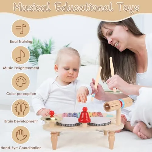LZDMY Strumenti Musicali Bambini Tamburo Bambino 1 2 3 4 5 Anni Batteria Bambini, 10 in 1 Xilofono Giocattolo Musicale Legno, Giochi Montessori Bambini, Regalo Bambina per Compleanno,Natale,Pasqua
