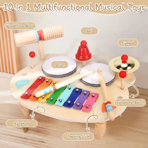 LZDMY Strumenti Musicali Bambini Tamburo Bambino 1 2 3 4 5 Anni Batteria Bambini, 10 in 1 Xilofono Giocattolo Musicale Legno, Giochi Montessori Bambini, Regalo Bambina per Compleanno,Natale,Pasqua